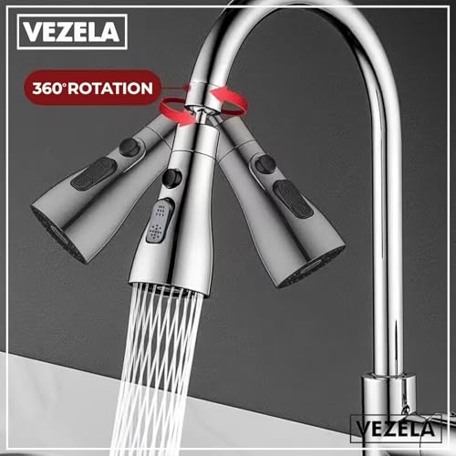 Image of VEZELA Tap Extension for Kitchen Sink | 360 Rotatable Kitchen Sink Tap Faucet | Easy Installation 3 Mode Water Saving Universal Fit Spray Head Tap Extender Anti-Splash