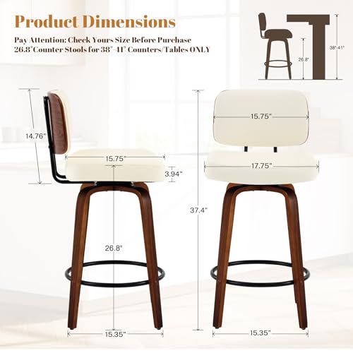 Image of Counter Height Bar Stools Set of 2, 26+inch Swivel Faux Leather Barstool with Back, Upholstered Mid-Century Modern Bar Chairs with Bent Wood Legs for Kitchen Counter, Dining Room, Cream White