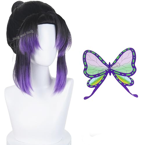 Image of Shinobu Kochou Cosplay Wig + Butterfly Short Black and Purple Anime Wigs | Purple Wigs with Bangs & Bun Warrior Costume DS Wigs Synthetic Hair for Women Halloween Party