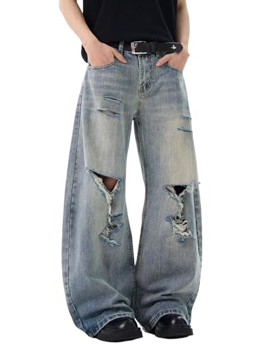 Men Y2k Baggy Ripped Jeans Wide Leg Fashion Distressed Jeans Hip Hop Grunge Pants Harajuku Streetwear