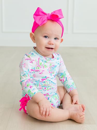 Image of RuffleButts Baby Girls UPF 50+ Sun Protection Floral Printed Long Sleeve One Piece Rash Guard Swimsuit with Zipper