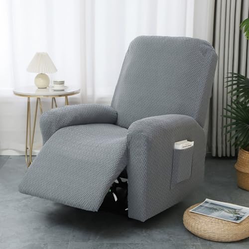 PEIHUODAN Fundas para Sillón Reclinable de 1 Plaza con Bolsillos, Jacquard de Color Sólido 4 Piezas de Fundas Elásticas para Sillón y Sofá, Funda de Sofa Sala, Light Gray
