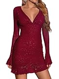 VKIHOC Women's V Neck Sheer Long Sleeve Mini Dress Sequin Ruched Bodycon Cocktail Party Dresses Wine M