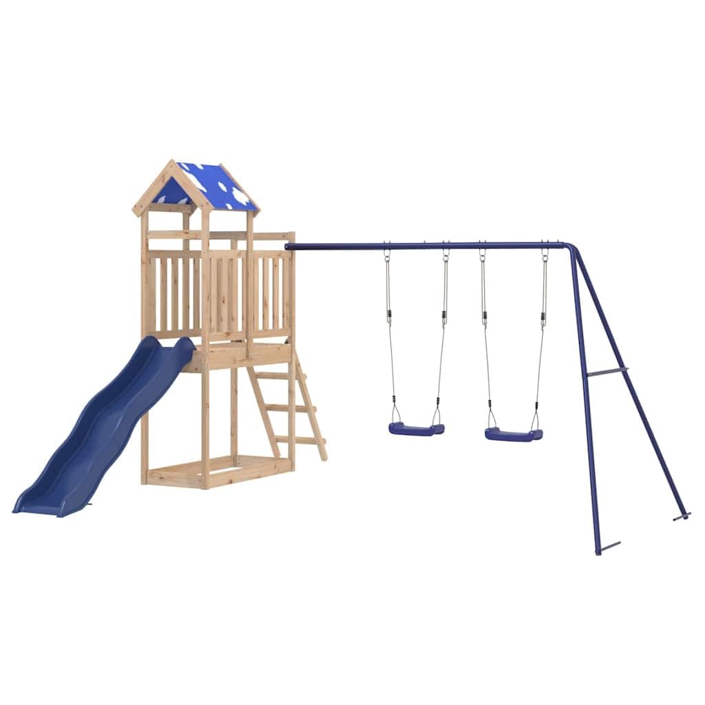 Torre de juegos de madera maciza de pino con tobogán ondulado, columpio doble, arenero y escalera para jardín, patio y terraza, pedestal de 90 cm, parque infantil para niños de 3 a 8 años