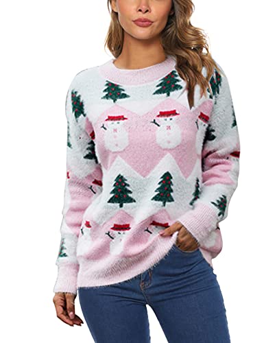Marvmys Weihnachtspullover Damen Winter Fun Strickpullover Rundhals Weihnachtspullis mit Rentiermuster und Schneemann Muster Gestrickte Pullover Langarm Sweatshirt für Frauen XXL Rosa-Schneemann Cover