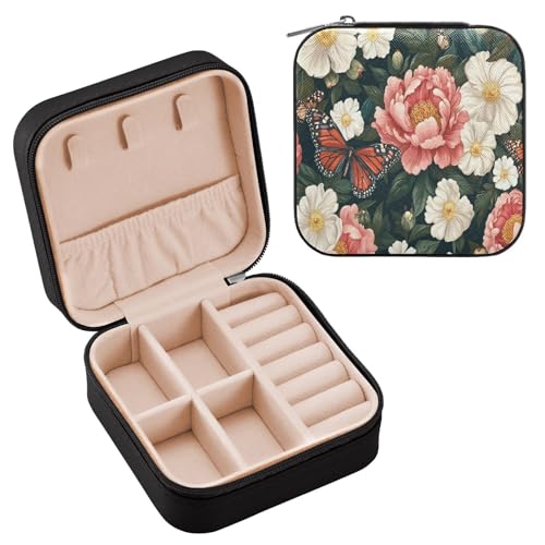 Ttgoth Joyero de mariposa de peonía para mujeres y niñas, estuche portátil de viaje de piel sintética, joyero para anillos, aretes, collares, pulseras, organizador de joyas, 10 x 10 x 5 cm