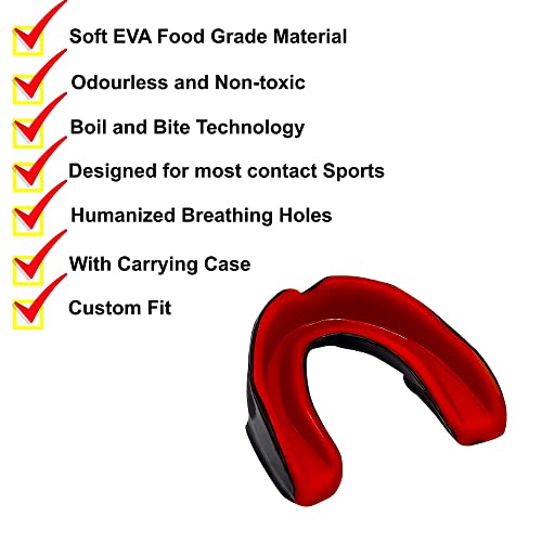 Double Layer Mouth Guards Slim Fit Junior Mouldable Gum Shield with Case for Boxing Men MMA Rugby Hockey Basketball Muay Thai Kickboxing Football All Contact Sports (<11 Years), Black-Red)