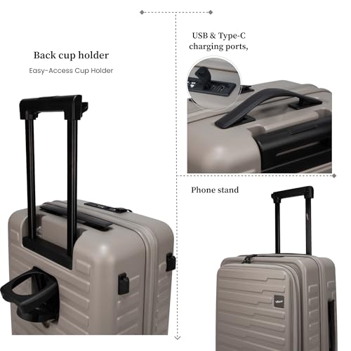Image of F Gear Sedona Small Cabin Pro 54cm German Polycarbonate Hard Luggage|8 Japanese Hinomoto Silent Wheels| USB & Type-C Charging, Phone Stand & Cup Holder | Front Opening Suitcase for Travel (Taupe)