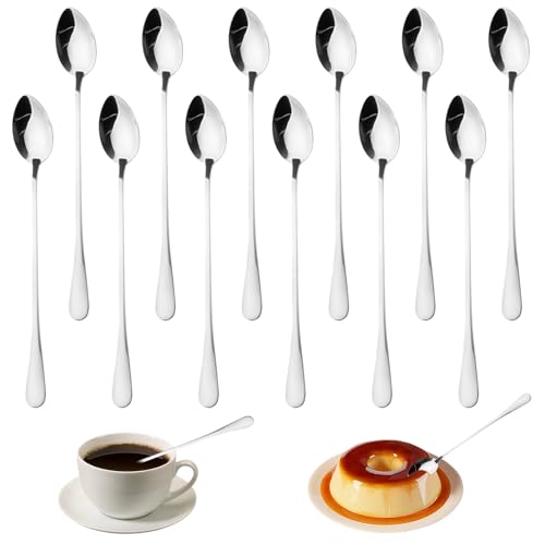 Pack of 12 Long Spoons, Latte Macchiato, 19.5 cm Cocktail Spoons, Long, Iced Coffee Spoon, Long Mirror Polished, Coffee Spoon, Long Dishwasher Safe, Stainless Steel Long Drink Spoon for Iced Coffee
