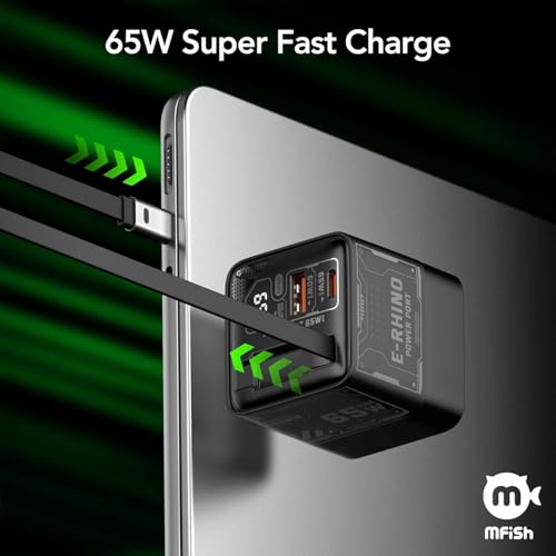 Image of MFish 65W GaN Fast Wall Charger, USB C Charger Block Built‑in 2.6ft Retractable USB‑C Cable, USB‑C & USB‑A Wall Charger with Digital Display for iPhone, iPad, MacBook, Samsung Galaxy (Matte Black)