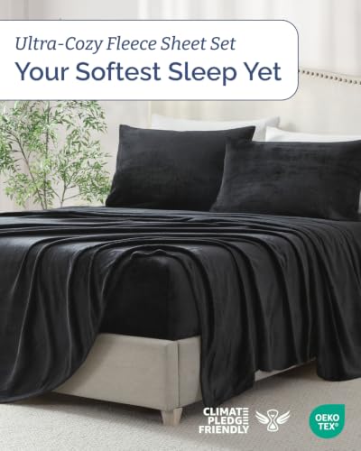 Image of Fleece Sheets Full Size Set - 4-Piece Velvet Flannel Sheet Set - Black