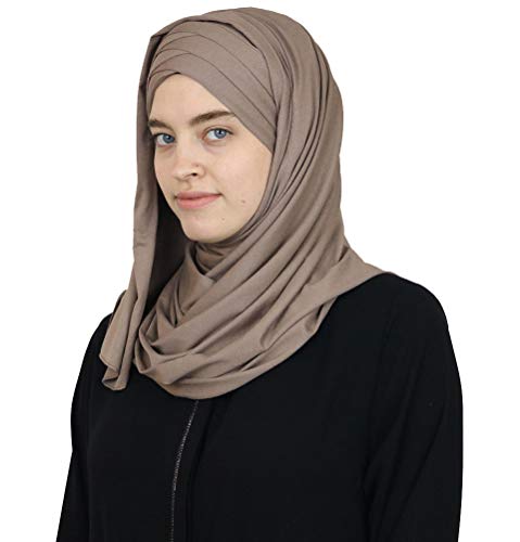 Modefa Turkish Islamic Practical Easy Simple Instant Ready Criss-Cross Jersey Hijab Shawl Scarf (Beige)