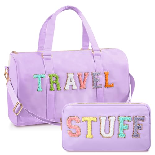 Shinylin 2 Pcs Travel Preppy Duffle Bag and Chenille Letter Makeup Pouch Cosmetic Zipper Patch Weekender Carry on Tote Bag for Women(Light Purple)