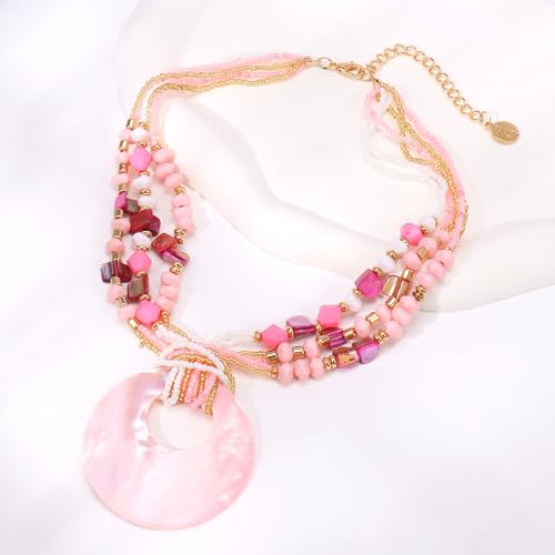 Coiris Shell Pendant Statement Strand Necklace for Women Boho Multi Beads Natural Stone Colorful Necklace Bohemian Handmade Chunky Shell Beaded Collar Jewelry for Women2