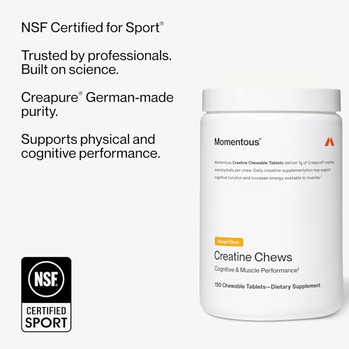 Image of Momentous Creatine Chews - Creatine Monohydrate - Supports Strength, Lean Muscle, & Recovery for Men & Women - NSF Certified for Sport - 150 Chewable Tablets - Mango