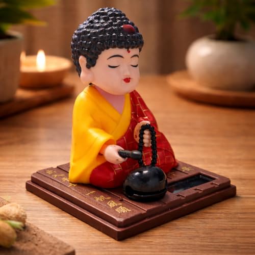 Image of Solar-Powered Moving Head Buddha Statue| Feng Shui Monk Figurine for Positive Energy, Peace & Prosperity | Shaking Head Buddha Idol for Car Dashboard, Home & Office Decor (Red and Yellow)