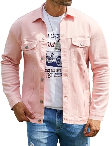 Bindefon Denim Jackets for Men Trucker Jean Jacket Unlined Coats Spring Fall Outfits(Light Pink,M)