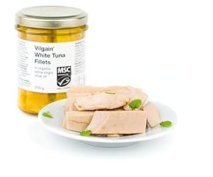 Vilgain Weiße Thunfischfilets (200 g) in Bio-Olivenöl Extra Nativ – Handverarbeiteter Weißer Thunfisch MSC Zertifiziert, Hoher Omega-3 Gehalt & Proteinreich, 130 g Abtropfgewicht, Gesunder Fisch-Snack