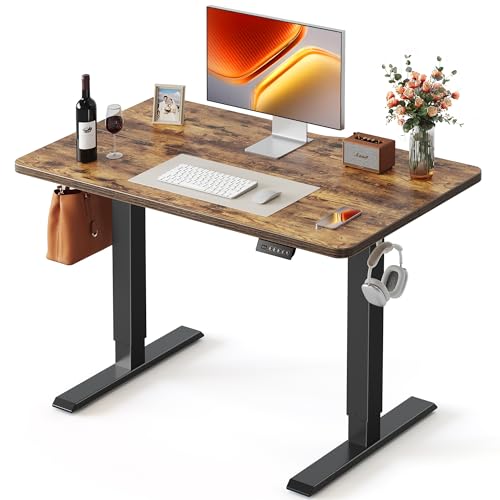 Image of FEZIBO 40 x 24 Inchs Electric Standing Desk, Height Adjustable, Sit Stand Up, Computer Office Desk with Splice Board, Black Frame/Rustic Brown Top