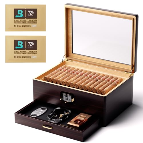 Comparison: Best Wood For Cigar Humidor 10 Woodronic Cigar Humidor Upgraded Capacity 80 Counts with Boveda 72% Humidity Packs, Spanish Cedar Wood Tray and Divider, Accessory Drawer & Digital Hygrometer, Desktop Cigar Case Gift for Men