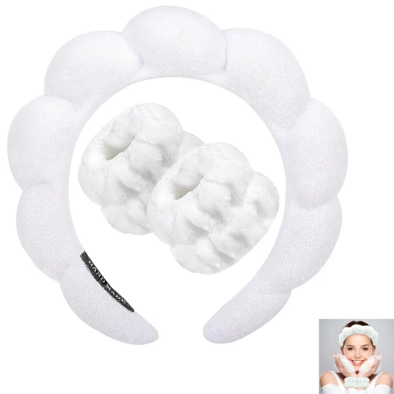 Set diadema spa y muñequeras de rizo suave para maquillaje y rutina facial, banda para el cabello absorbente unisex, accesorio de belleza antisalpicaduras, Unisex - Blanco
