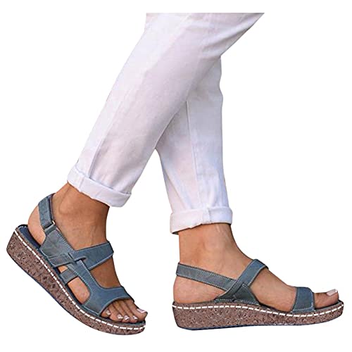 Aniywn Women s Open Toe Ankle Buckle Straps Wedge Sandals Summer Comfortable Slip On Flat Platform Wedge Sandals Blue, 7