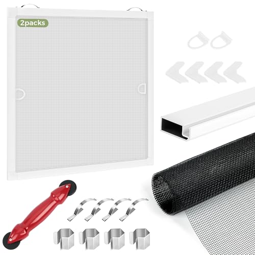 FLYZZZ 2-Pack Window Screen Frame Kit Heavy-Duty DIY Window Screen Replacement Kit Up to 48 x 48 with Upgraded Aluminum Frame (125g/m) Full Tool Set & Easy-Install Clips