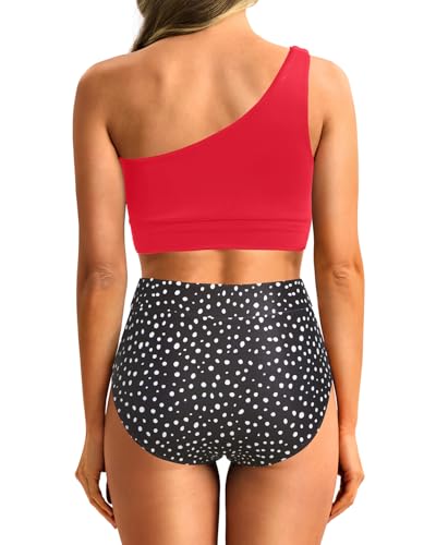 Image of Holipick Women One Shoulder High Waisted Bikini Sets Two Piece Swimsuit Tummy Control Bathing Suit Full Coverage Swimwear