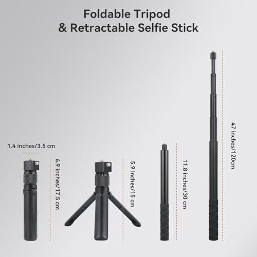 UTEBIT 5.9\"-47\" Bullet Time Handle Tripod Rotating Grip with Invisible Selfie Stick, Compatible with Insta360 X5/X4, DJI OSMO Pocket 3, GoPro, 1/4\" Thread Compact Selfie Stick & Tabletop Tripod, Black - Thumbnail 6