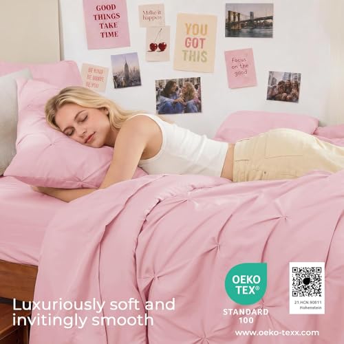 Image of Sasttie Twin Comforter Set, 5-Piece Bed in a Bag, Pintuck Bedding Sets for All Season, Includes Comforter, Flat Sheet, Fitted Sheet, Pillowcase and Pillowsham, Baby Pink