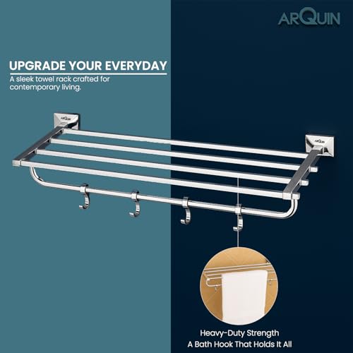 Image of ARQUIN 304 Stainless Steel Towel Rack Towel Holder in Bathroom | Towel Holder | Bathroom Towel Hanger for Wall | Towel Rack | Bathroom Accessories Set 24 Inch Chrome Finish (Vento)