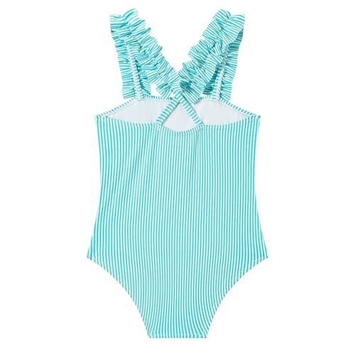 Image of LIZENS Girls One Piece Swimwear Pink Stripe Ruffled Shoulder Straps Girls Swimsuit Size 2-12