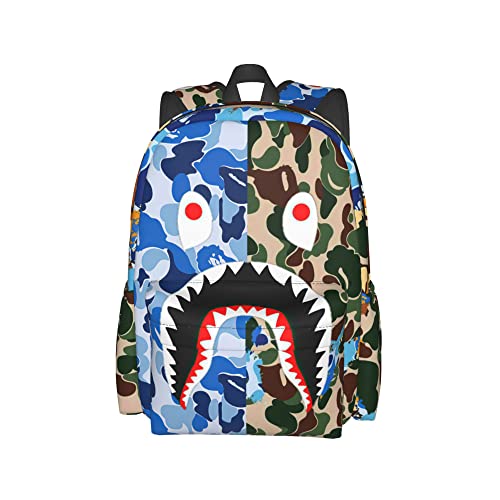 Vkaxopt Mochila camuflada com dentes de tubarão, mochila de viagem para laptop, mochila de grande capacidade, moderna, durável para homens e mulheres, Camuflagem de tubarão azul, One Size, Tendência