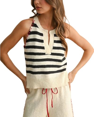 Women's Striped Knit Tank Top Casual Sleeveless Notched V Neck Contrast Sweater Summer Slim Fit Cropped Sweater Vest