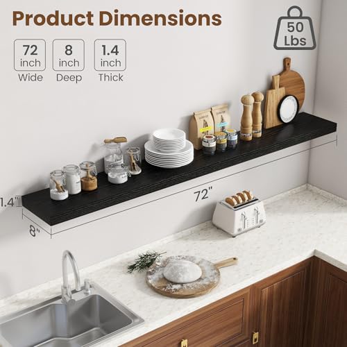 Image of 72 Inch Floating Shelves for Wall, 8 Inch Deep Floating Shelf for Storage & Display, Rustic Wall Mounted Shelf with Invisible Brackets for Living Room, Kitchen, Bathroom, Home Decor, Set of 2, Black