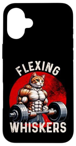 Flexing Whiskers 面白い猫ジム ウェイトリフティング フィットネス スマホケース iPhone 16 Plus 用