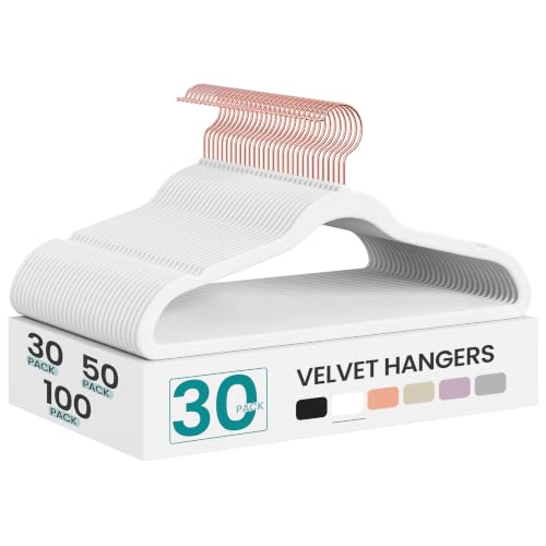 SONGMICS Velvet Hangers 30 Pack, Non-Slip Hangers with Rose Gold-Colored Swivel Hooks, Slim Space-Saving Hanger, Velvet Hanger for Closet, Heavy-Duty, White UCRF026W30 | Clothes Hangers with Rose Gold Color Swivel Hook, Cloud White, BREANNA Collection UCRF026W30