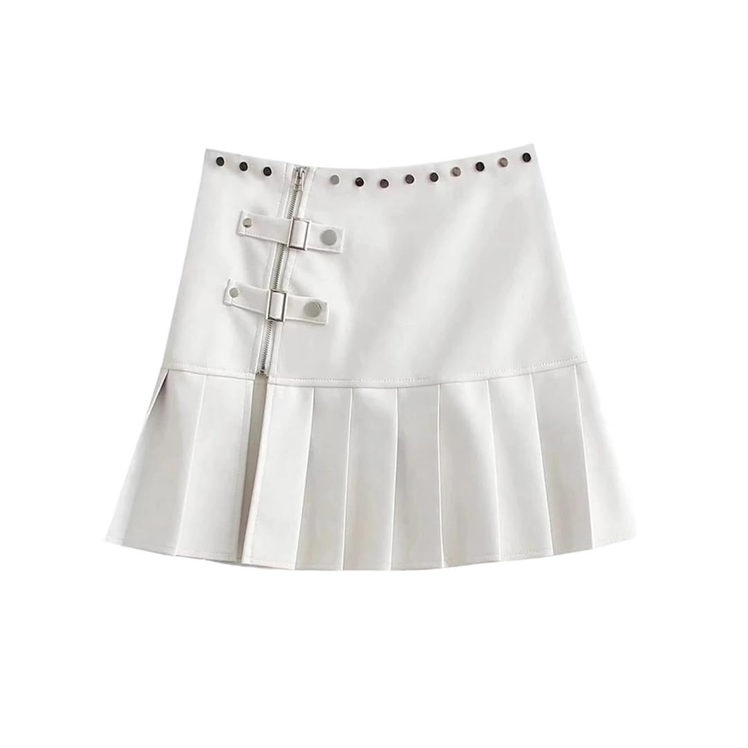 Minifalda plisada de piel sintética para mujer, color blanco, cintura alta, remache con abertura lateral, falda corta