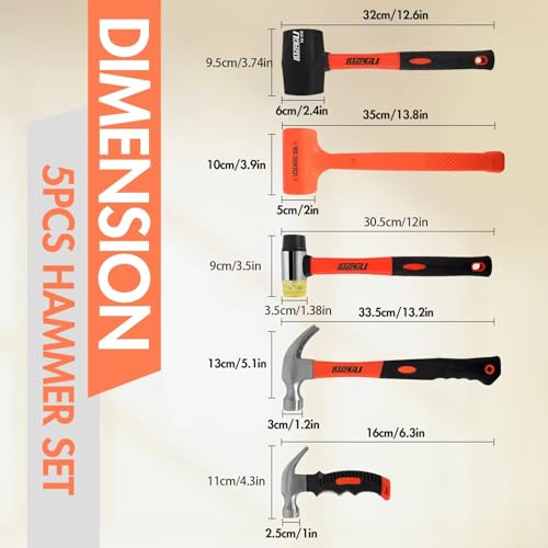 LOZAGU 5-Piece Hammer Set, 2LB Dead Blow Hammer | 16oz Claw Hammer | 16oz Rubber Mallet | 35mm Double-Faced Soft Mallet | 8oz Small Hammer - Thumbnail 2