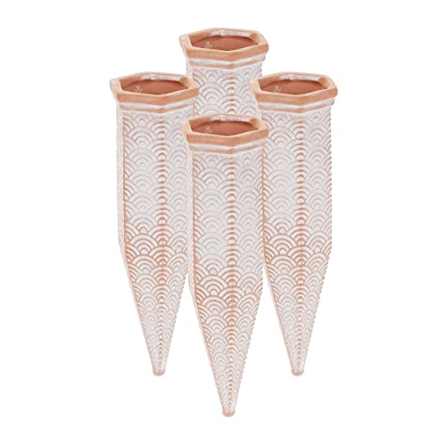 Relaxdays Clay Watering Spikes, Set of 4, Stakes for 1.5 L Plastic Bottes, Indoor & Outdoor Plants, Terracotta/White