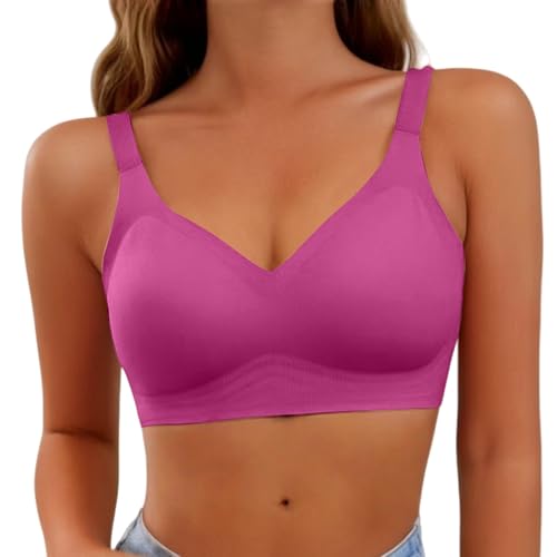 Image of Ladies Sports Bras Seamless Non Wired Bras Anti Sagging Support High Impackt Sports Bra for Large Bust Soft Comfort V Neck Wireless Full Coverage Padded Zero Feel T Shirt Everyday Bralettes Hot Pink