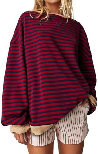 UEU Womens Oversized Long Sleeve Sweatshirts Color Block Crew Neck Pullover 2024 Y2k Tops Red Navy Striped Medium