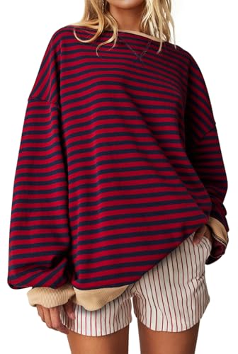 UEU Womens Striped Oversized Sweatshirts Casual Fall/Winter Soft Pullover Tops Red Navy Striped Small