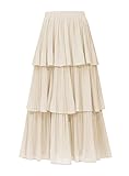 OULESIS Long Skirts for Women Elastic High Waist A Line Ruffle Tiered Layered Beige Midi Skirt Pleated 2025 Trendy Elegant Skirts Spring Fall