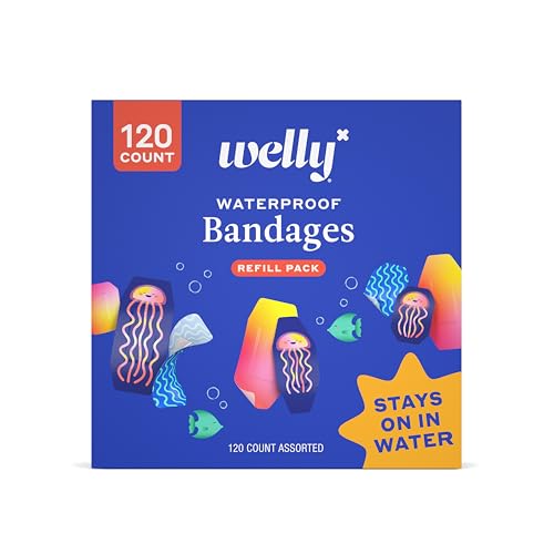 Welly Bandage Waterproof Refill Pack | Adhesive Waterproof Bandages | Assorted Shapes and Patterns for Minor Cuts, Scrapes, and Wounds - 120 Count