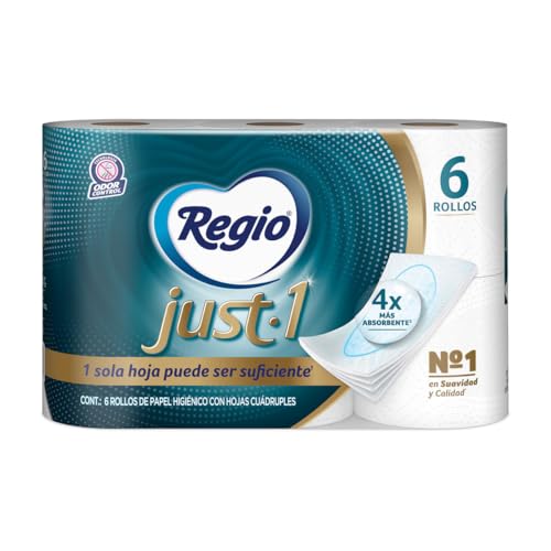 Lista de Papel al mejor precio. 39 Papel Higiénico Just 1; Con Hojas Cuádruples 50% Mas Gruesas, Centro Suave; Marca Regio; 6 Rollos
