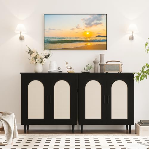 GarveeHome Sideboard Buffet Kitchen Storage Cabinet with Rattan, Solid Wood Feet for Living Room, Hallway, Entryway, Cabinet with Ample Storage Space (Black, 2 pcs)