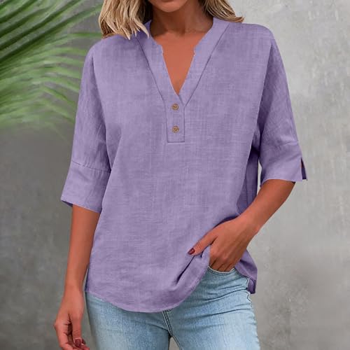 3/4 Sleeve Tops for Women Linen Shirts for Women 3/4 Length Sleeve Womens Tops Loose Fit Womens Blouses Dressy Casual Spring Summer Tshirts Linen Clothes for Seniors Purple L — view 2