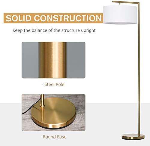 HOMCOM Floor Lamp, Modern Standing Light with Linen Lampshade, Round Base for Living Room, Bedroom, Dining Room, 153cm, Gold and White