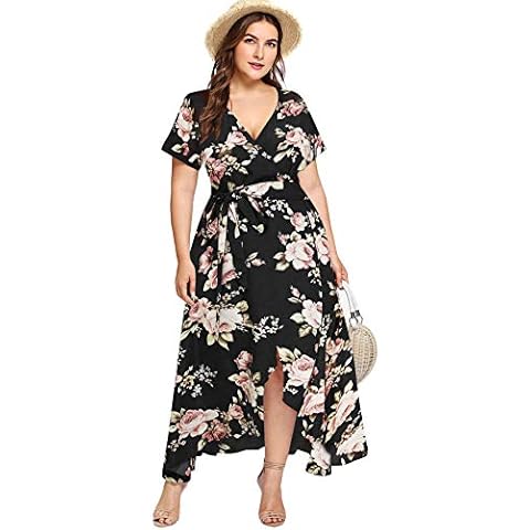 Milumia Women Floral Bohemian High Waist Short Sleeves Plus Size Dress - Black - XXX-Large Plus Cover